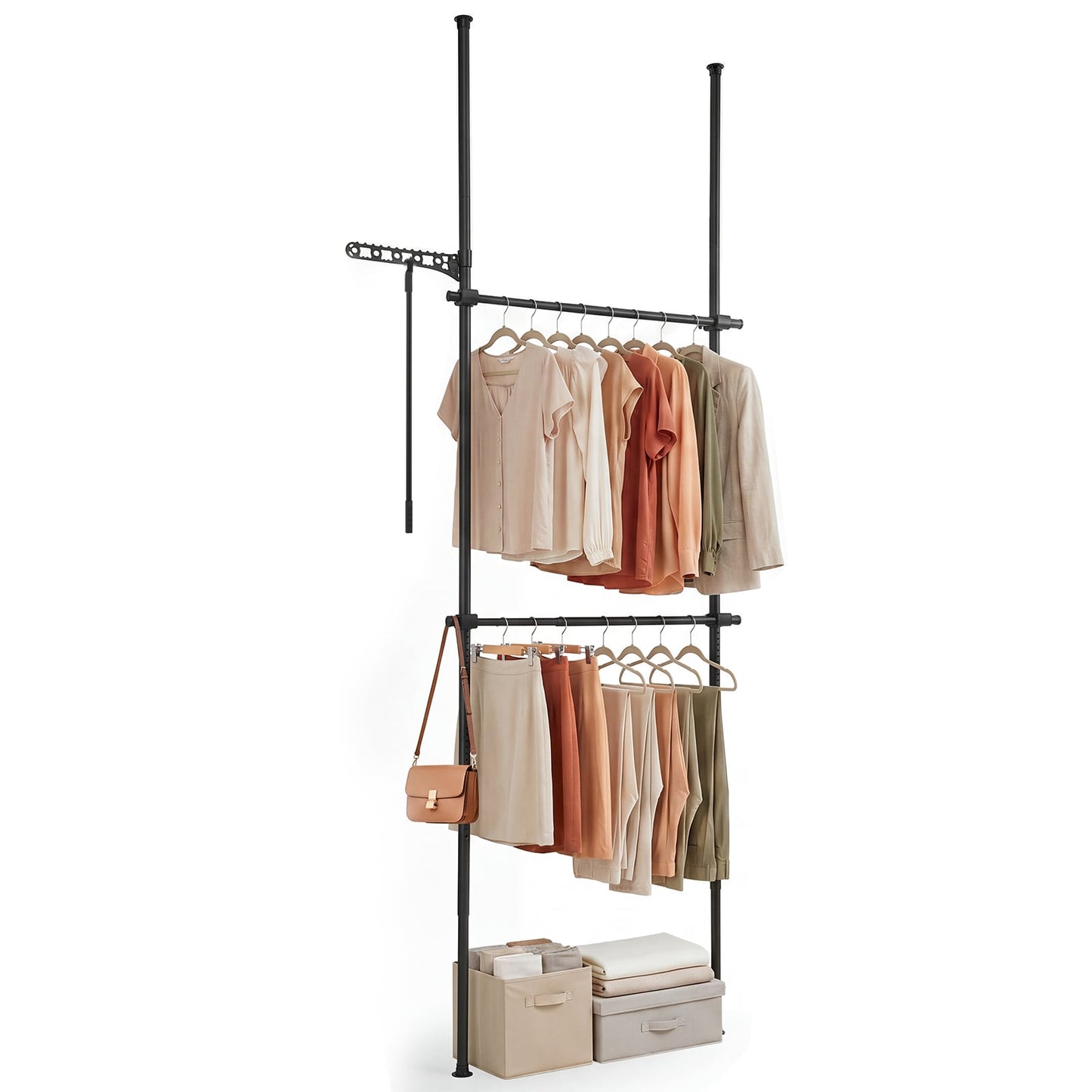 Adjustable Floor to Ceiling Clothes Rack with Double Rods & Folding Drying Rack for Laundry-Black
