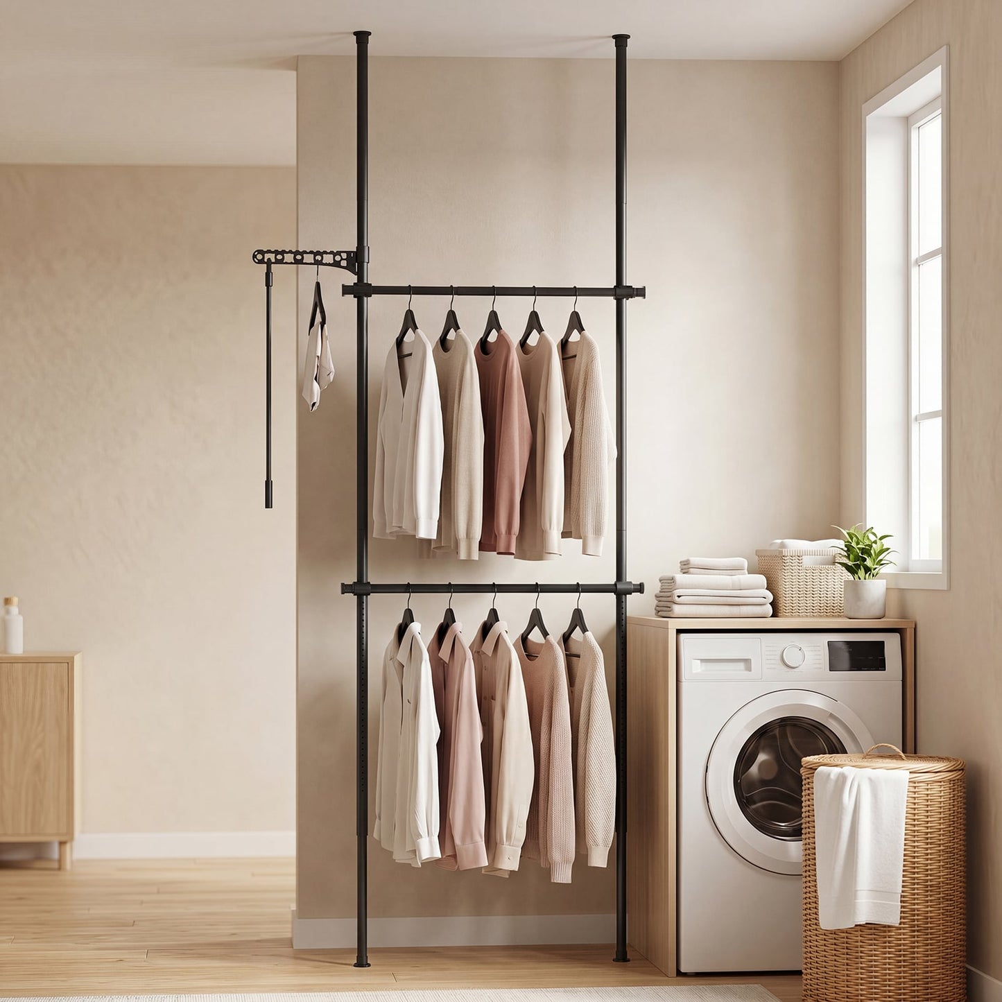 Adjustable Floor to Ceiling Clothes Rack with Double Rods & Folding Drying Rack for Laundry-Black