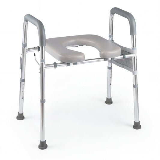 Adjustable Height and Width Raised Toilet Seat for Seniors with Padded Arms and Storage Bag-Silver
