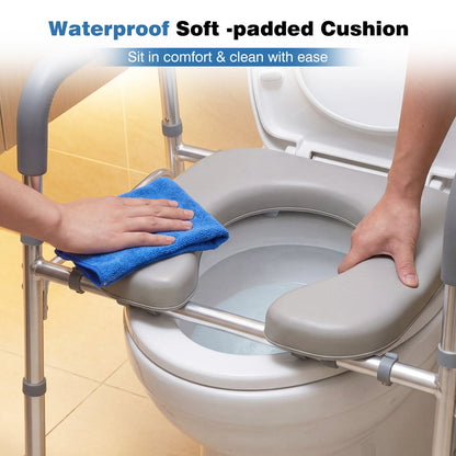 Adjustable Height and Width Raised Toilet Seat for Seniors with Padded Arms and Storage Bag-Silver