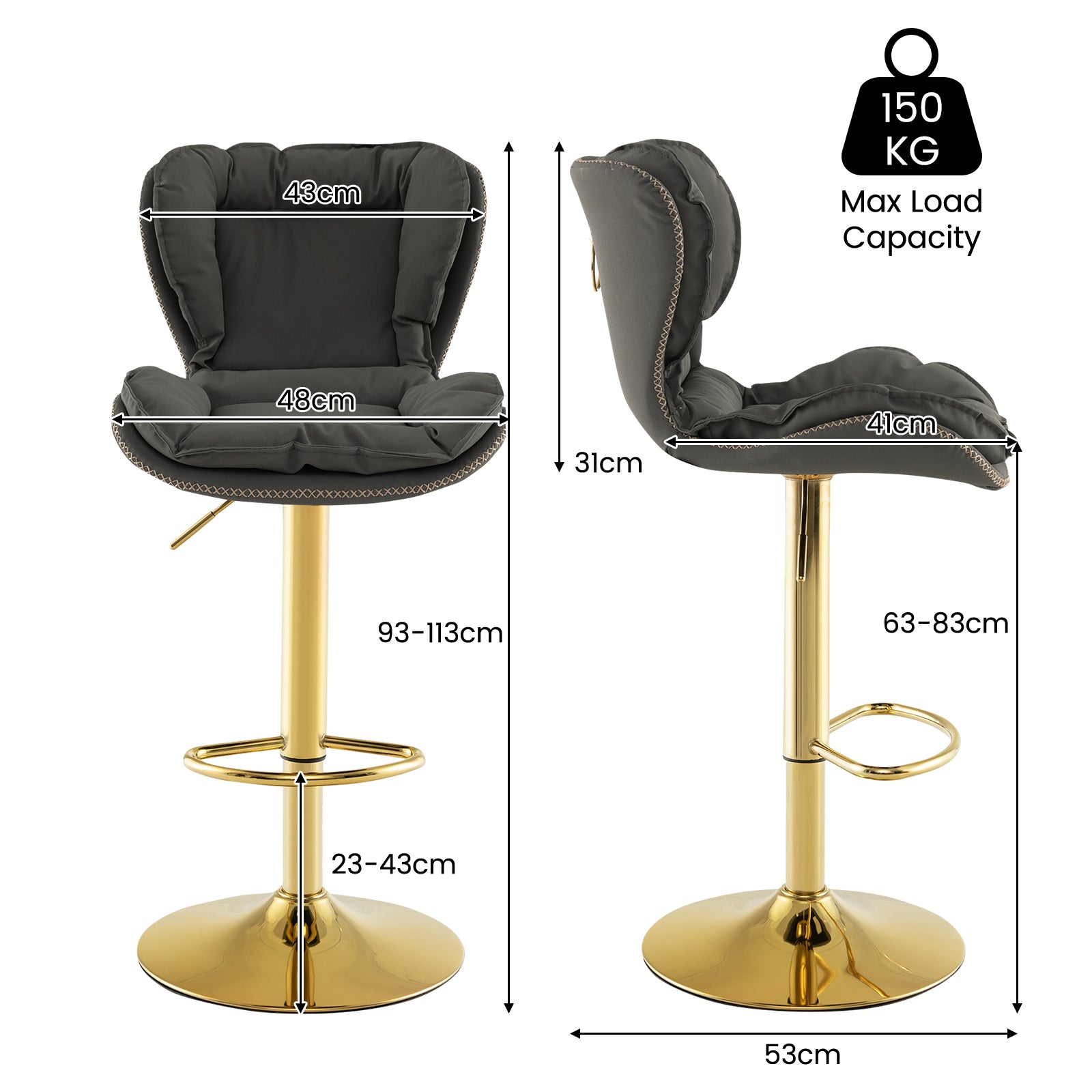 Adjustable PU Leather Bar Stool Set of 2 with Padded Seat-Grey