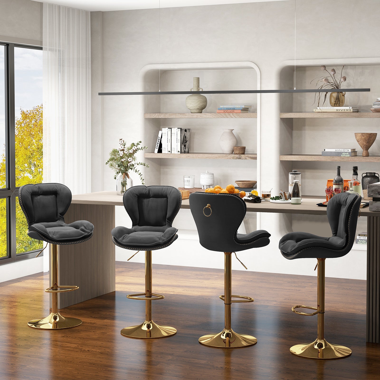 Adjustable PU Leather Bar Stool Set of 2 with Padded Seat-Grey
