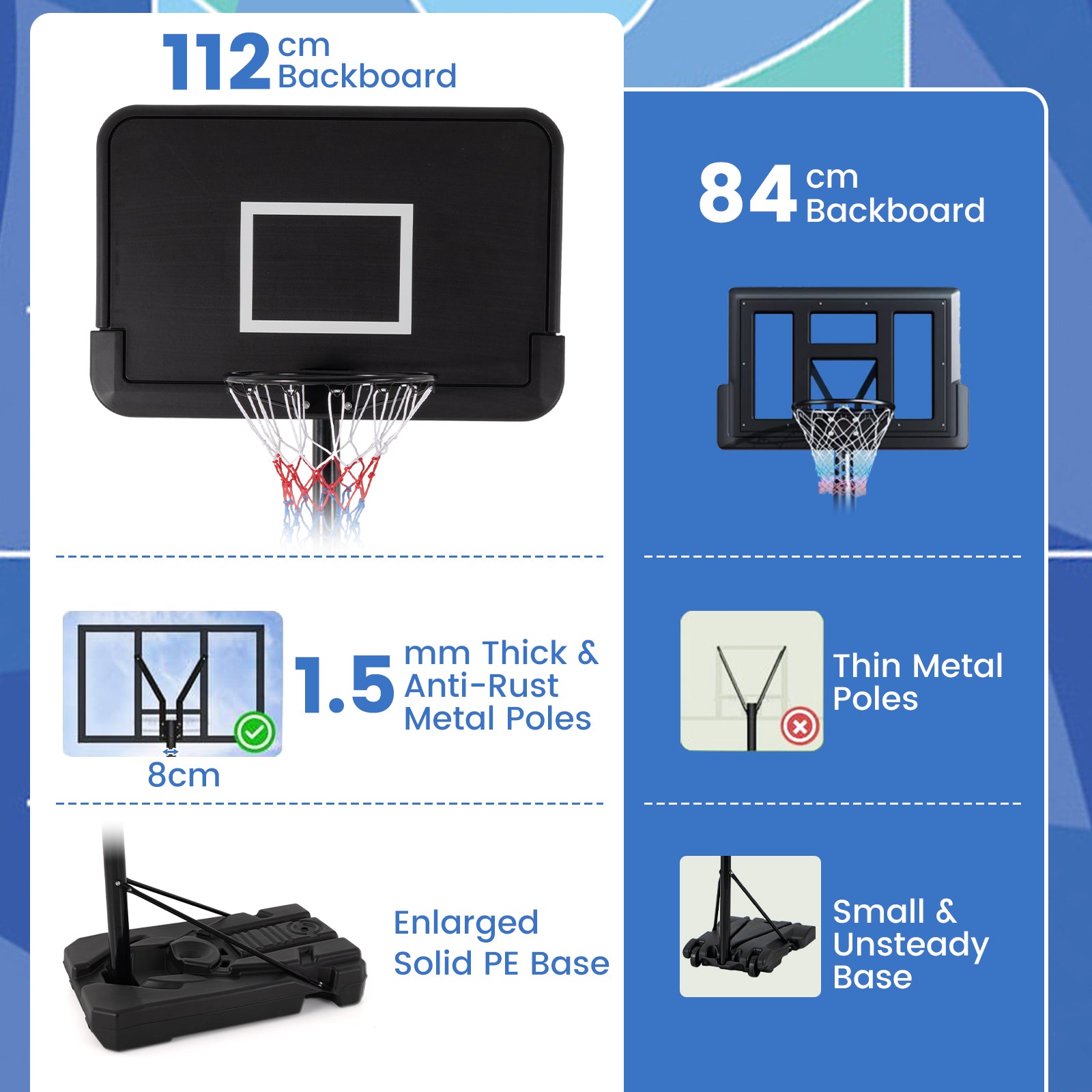 2.6-3.65 m Adjustable Portable Basketball Hoop with Shatterproof Backboard