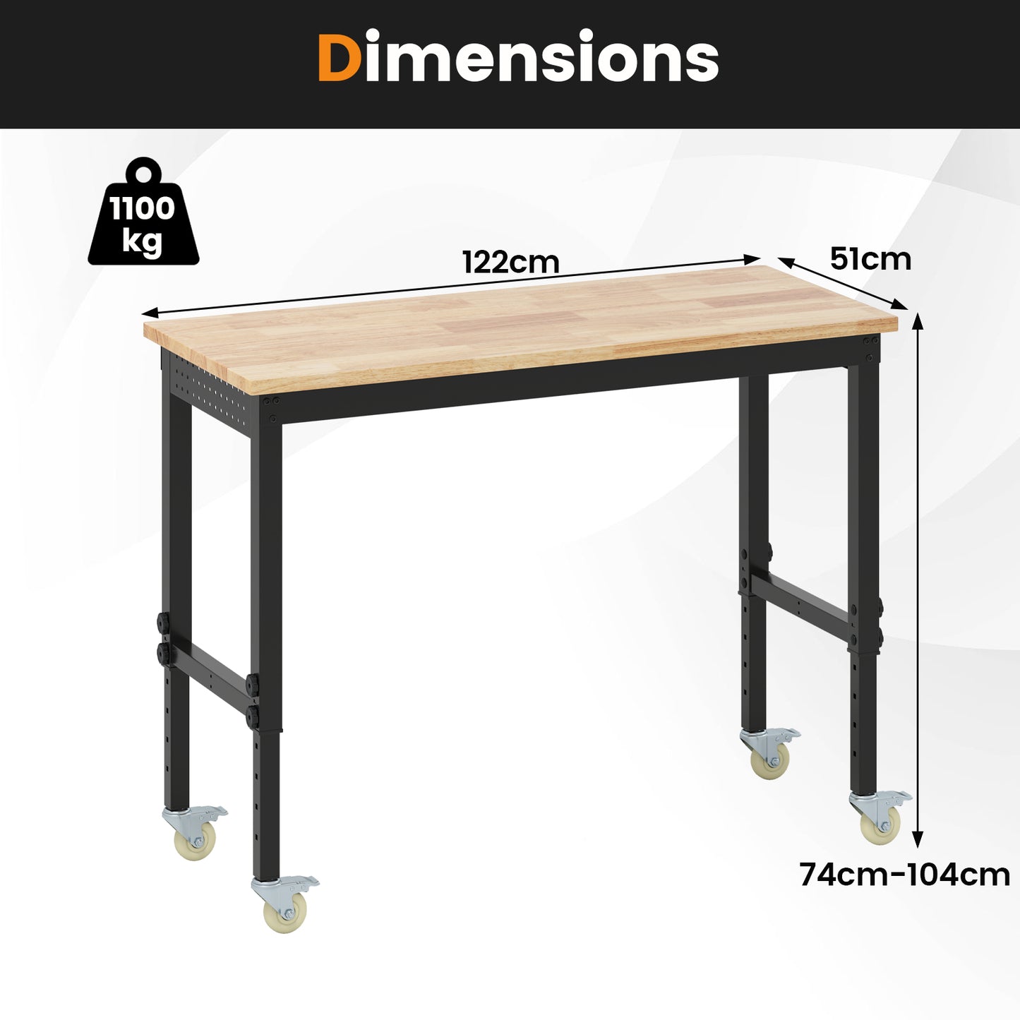 Adjustable Workbench with Wheels and Heavy-Duty Metal Frame-Natural