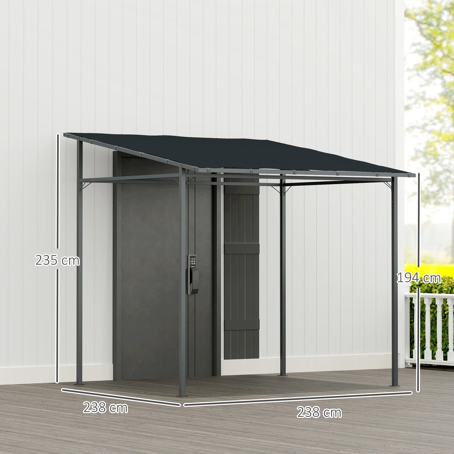 Outsunny 2.4 x 2.4 m Wall Mounted Pergola Gazebo with PA Coating Fabric and Metal Frame, UPF30+, Lean to Garden Gazebo, Wind Resistant Outdoor Sun Shade Shelter for Garden, Deck, Dark Grey