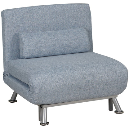 HOMCOM Single Sofa Chair Bed, Linen Fabric 3-in-1 Convertible Sleeper Chair with 5-Position Adjustable Backrest, 75cm Wide Seat, Pillow for Living Room, Bedroom, Sky Blue