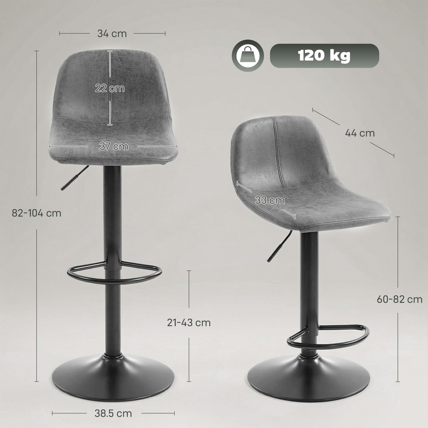 HOMCOM Bar Stools Set of 2, Modern Swivel Barstools with Footrest for Kitchen Island and Dining Room, Grey