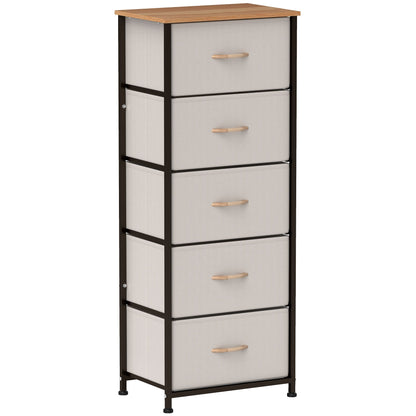 HOMCOM Fabric Chest of Drawers, Industrial Bedroom Dresser with 5 Fabric Drawers, Steel Frame and Wooden Top for Nursery, Living Room, Hallway, Cream White