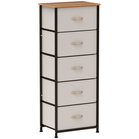 HOMCOM Fabric Chest of Drawers, Industrial Bedroom Dresser with 5 Fabric Drawers, Steel Frame and Wooden Top for Nursery, Living Room, Hallway, Cream White