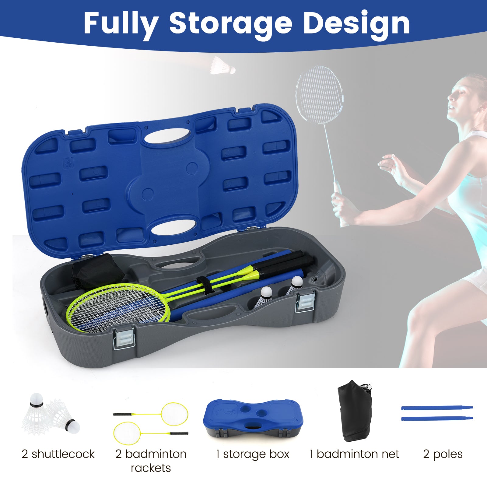 All-In-One Portable Badminton Net Set with Storage Base-Blue