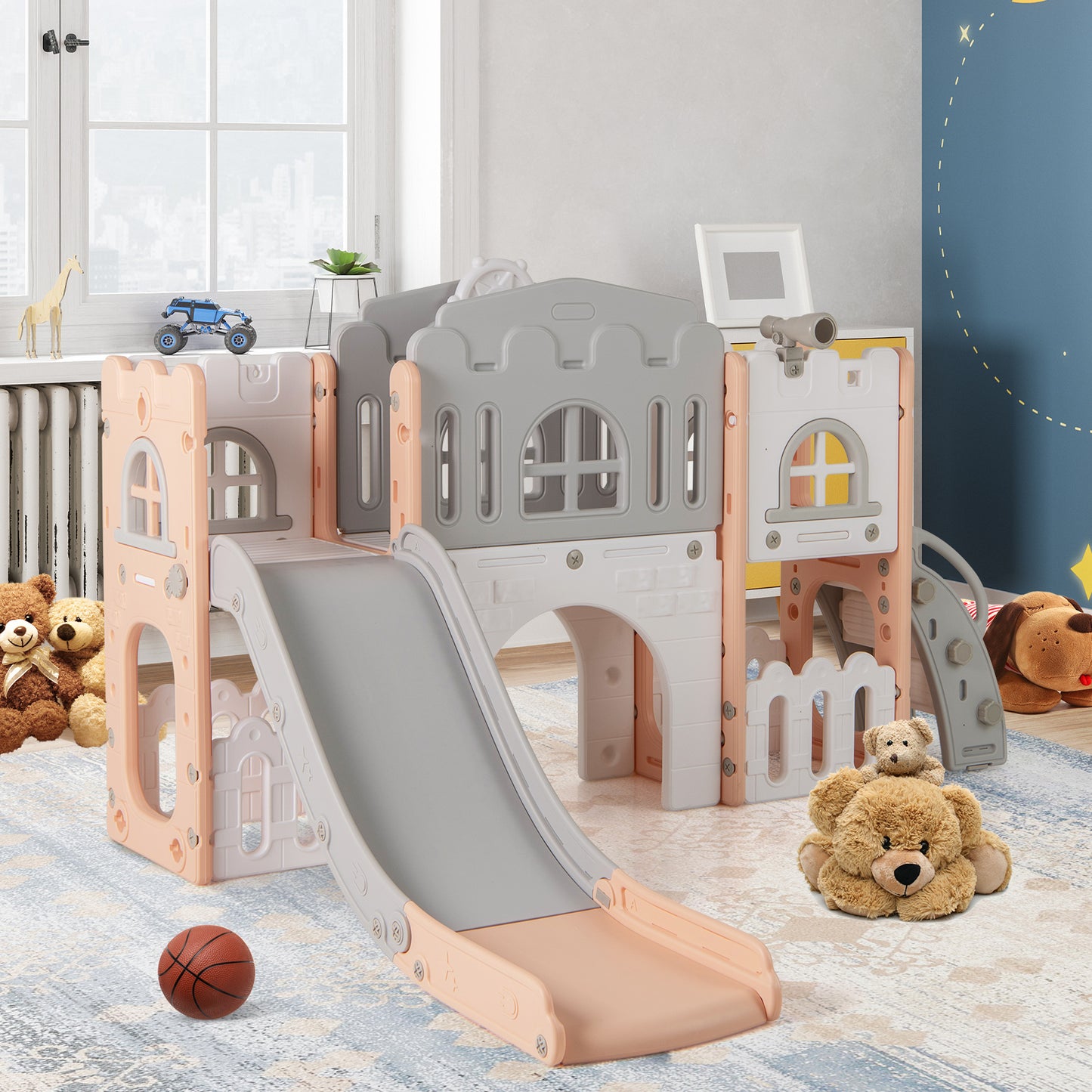 All in 1 Toddler Slide Playset Freestanding Kids Slide with Tunnel-Pink