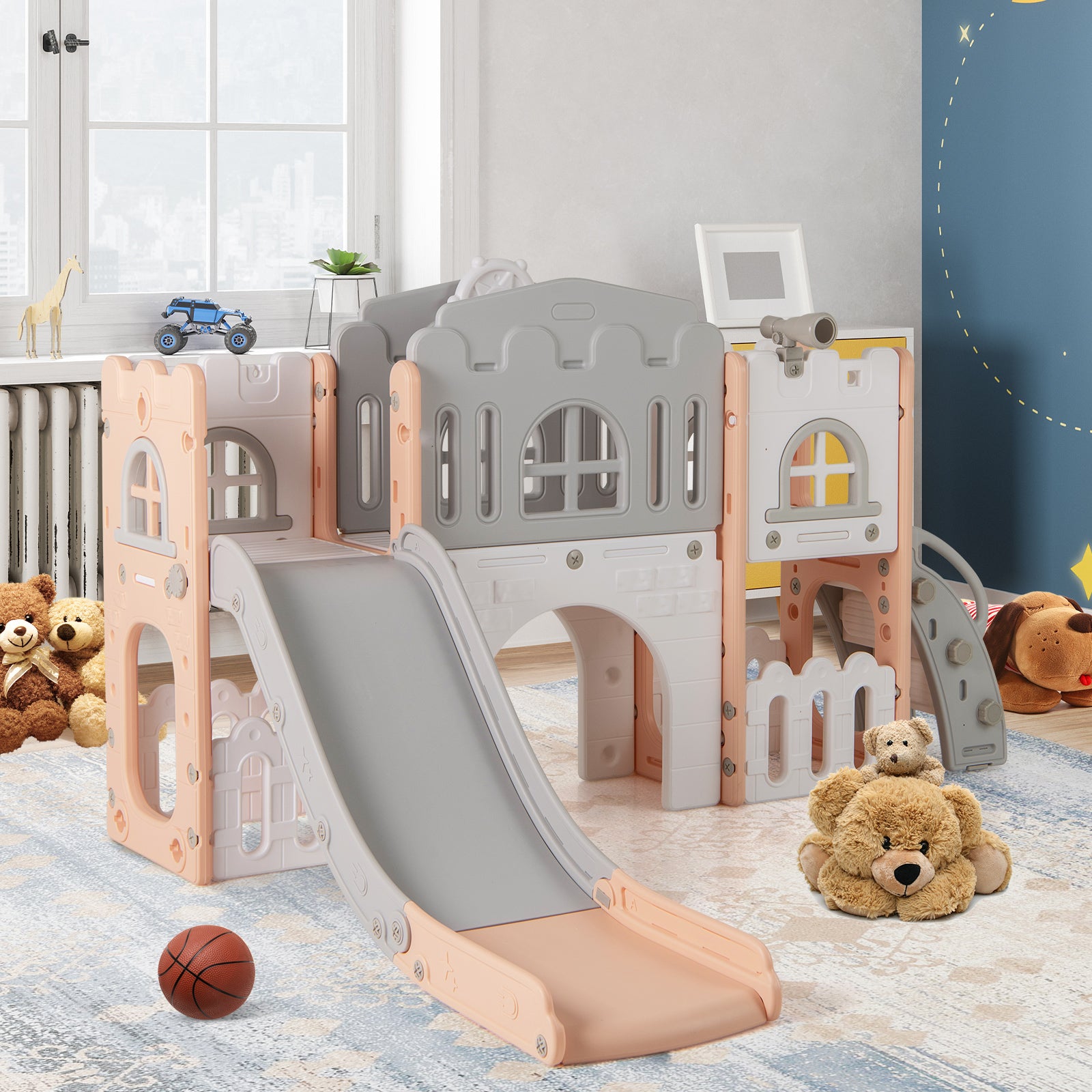 All in 1 Toddler Slide Playset Freestanding Kids Slide with Tunnel-Pink