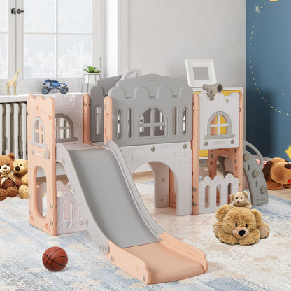 All in 1 Toddler Slide Playset Freestanding Kids Slide with Tunnel-Pink