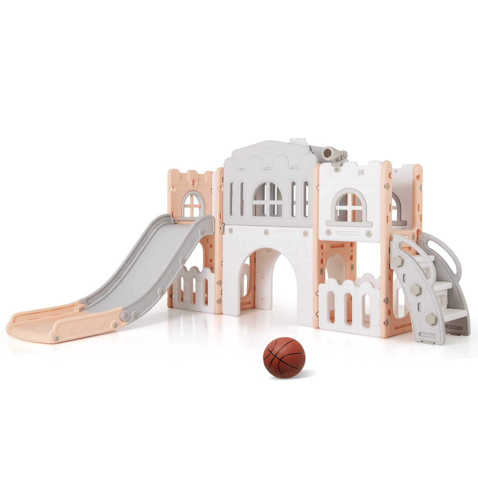 All in 1 Toddler Slide Playset Freestanding Kids Slide with Tunnel-Pink