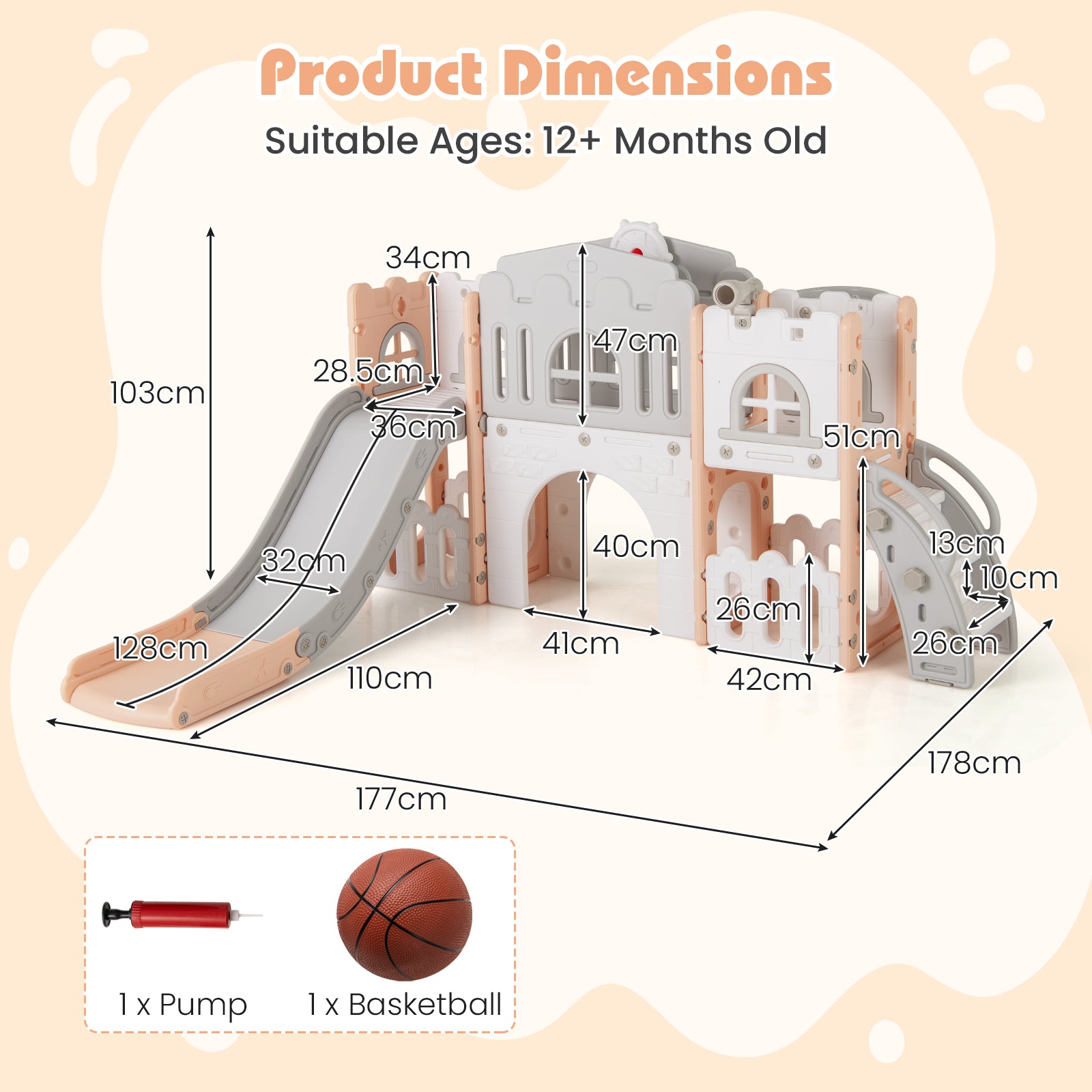 All in 1 Toddler Slide Playset Freestanding Kids Slide with Tunnel-Pink