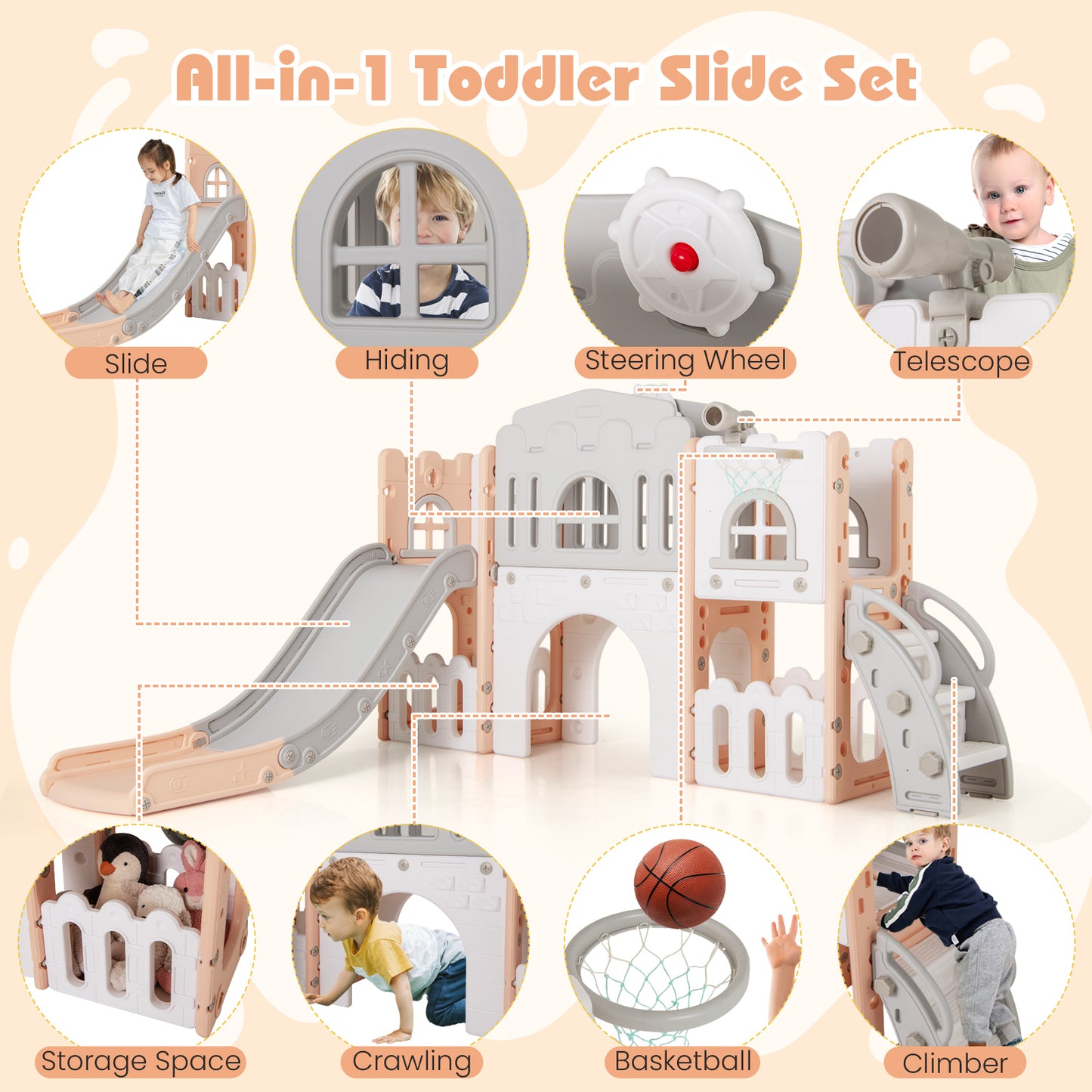All in 1 Toddler Slide Playset Freestanding Kids Slide with Tunnel-Pink
