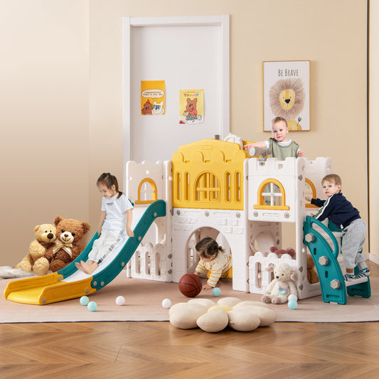 All in 1 Toddler Slide Playset Freestanding Kids Slide with Tunnel-Yellow