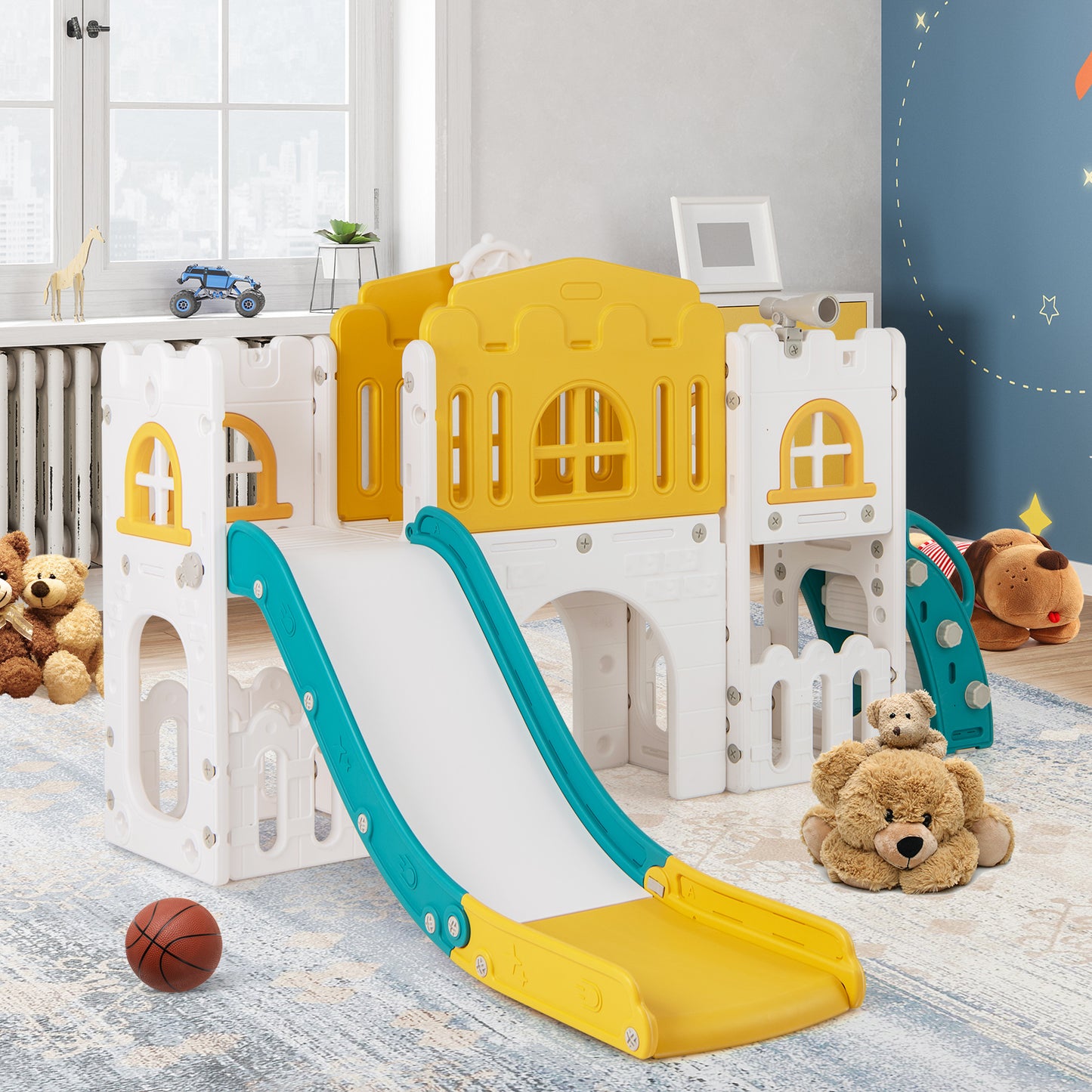 All in 1 Toddler Slide Playset Freestanding Kids Slide with Tunnel-Yellow