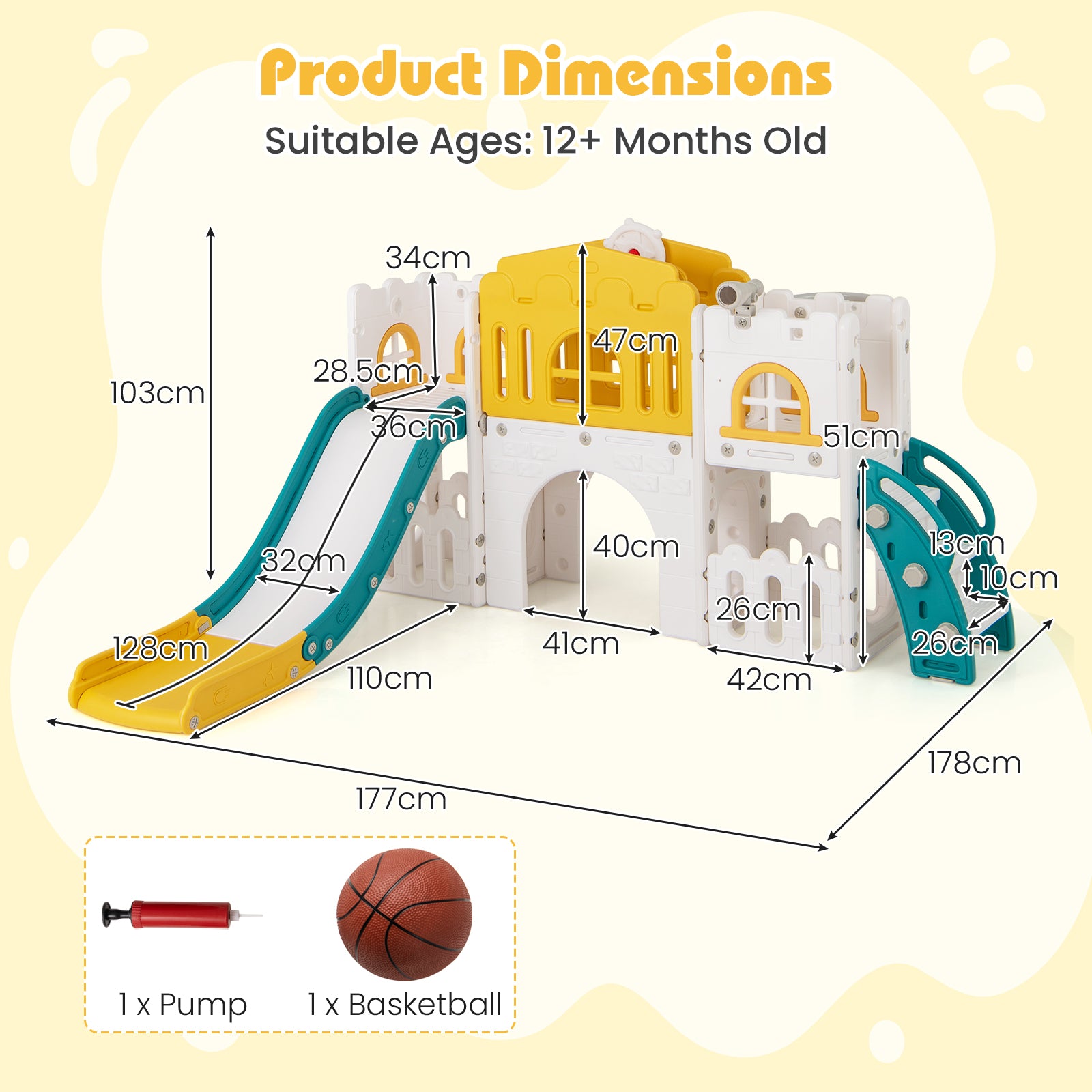 All in 1 Toddler Slide Playset Freestanding Kids Slide with Tunnel-Yellow