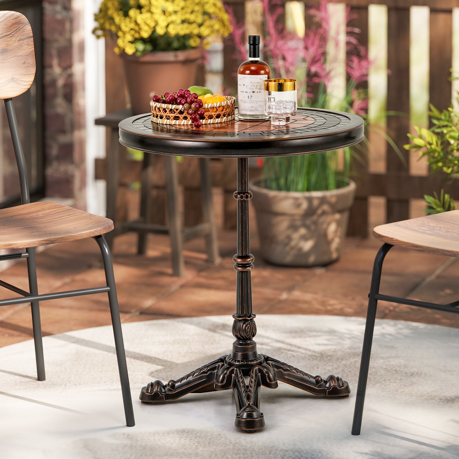 Round Patio Cast Aluminum Dining Table with Carved Texture-Bronze