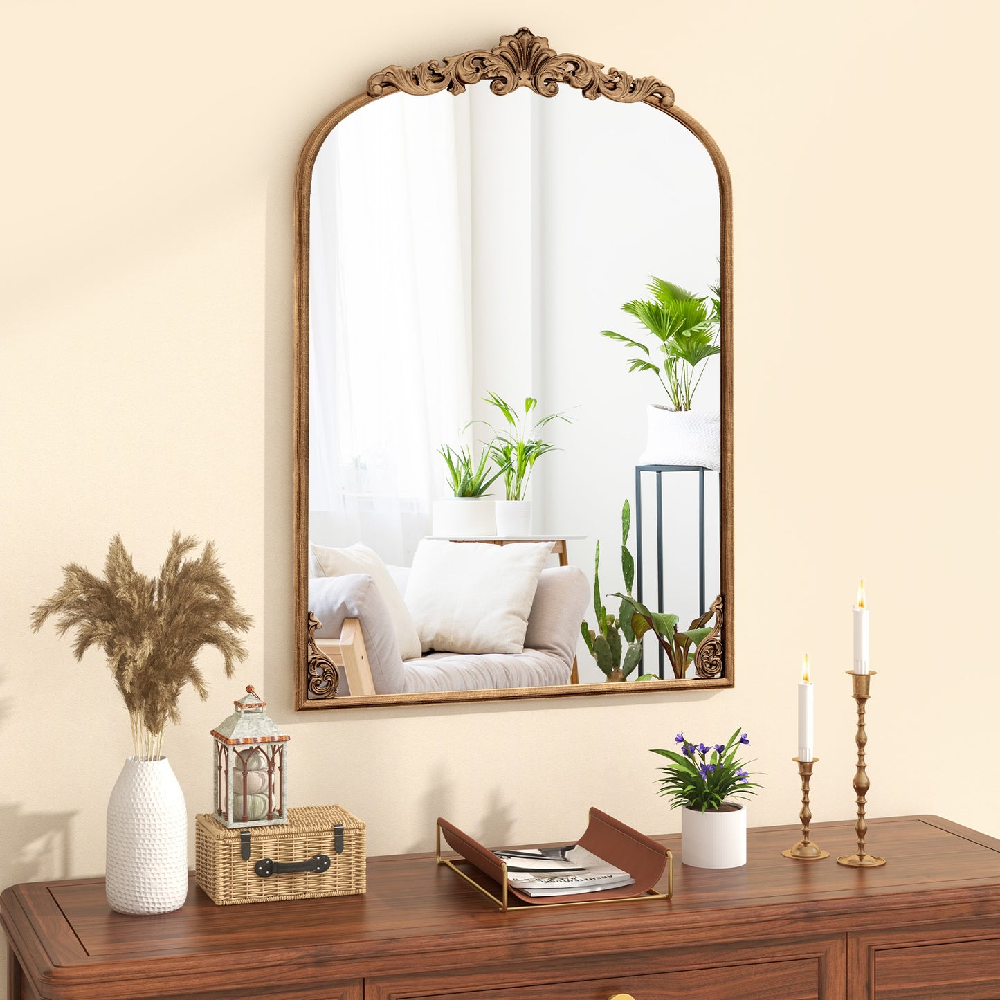 Antiqued Gold Wall Mirror with Baroque Ornate Frame L Size Gold