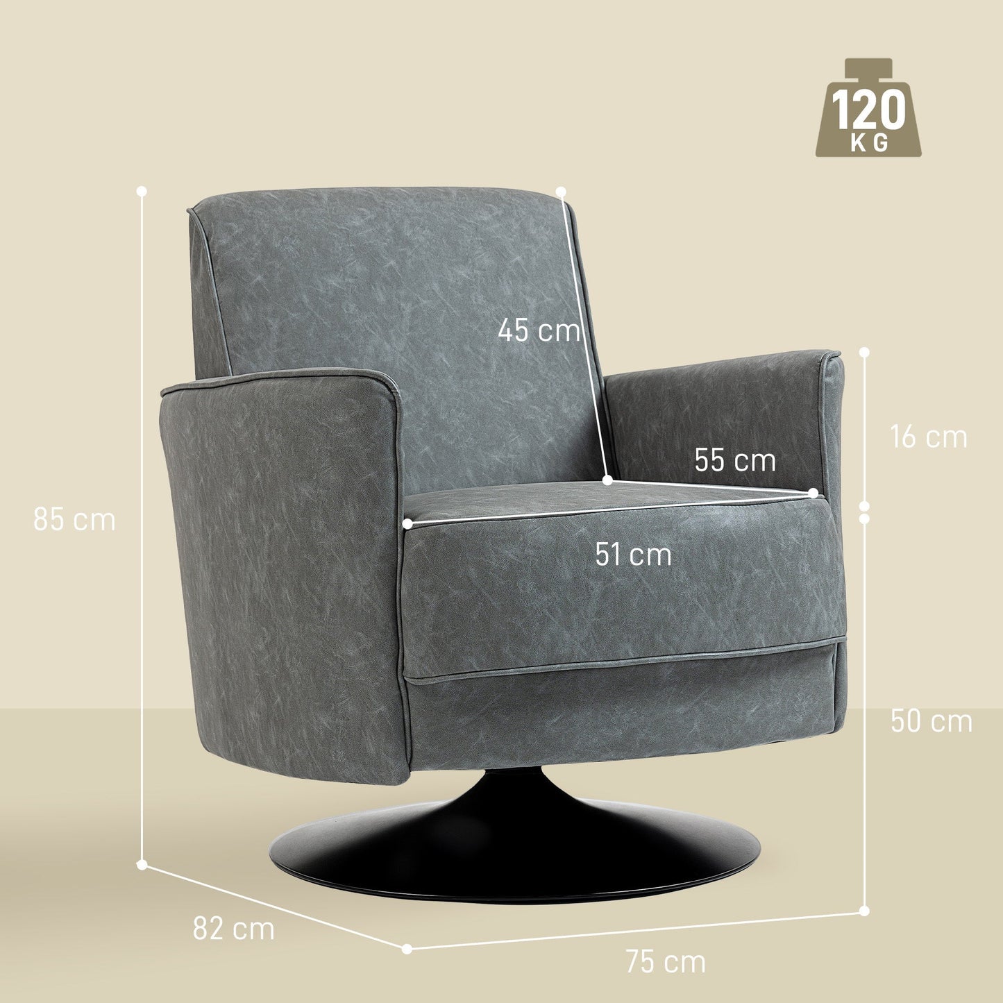 HOMCOM Upholstered Swivel Accent Chair with Thick Padding, Grey
