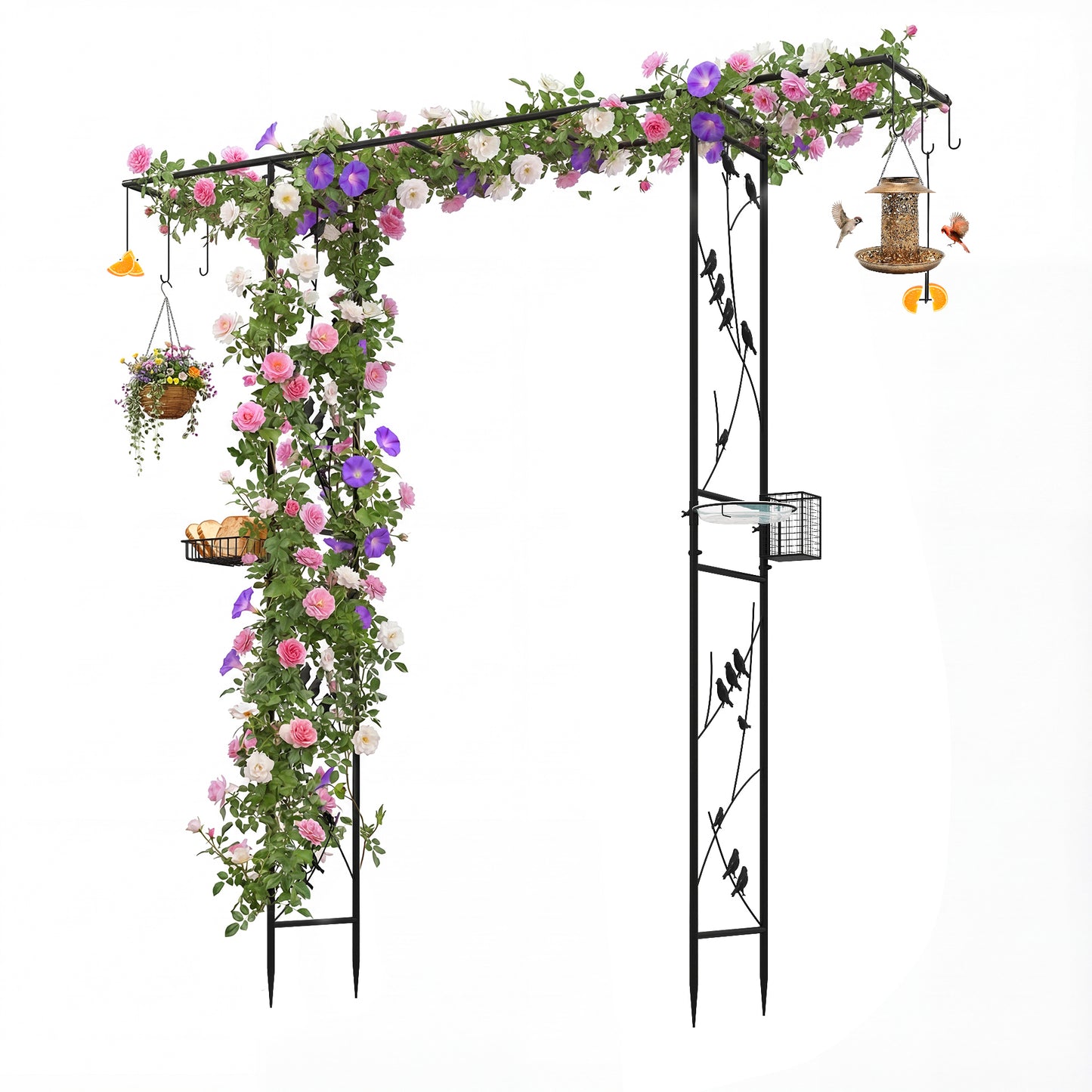 213cm Garden Arbor Feeding Station with Water Bowl and Mesh Tray-Black