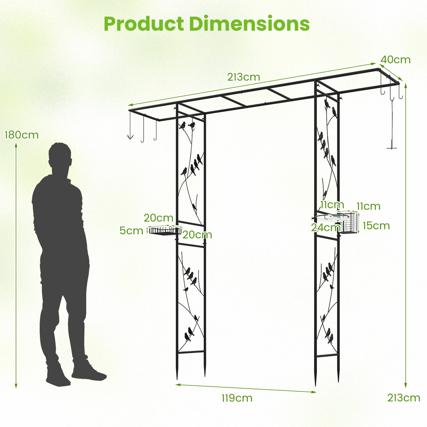 213cm Garden Arbor Feeding Station with Water Bowl and Mesh Tray-Black