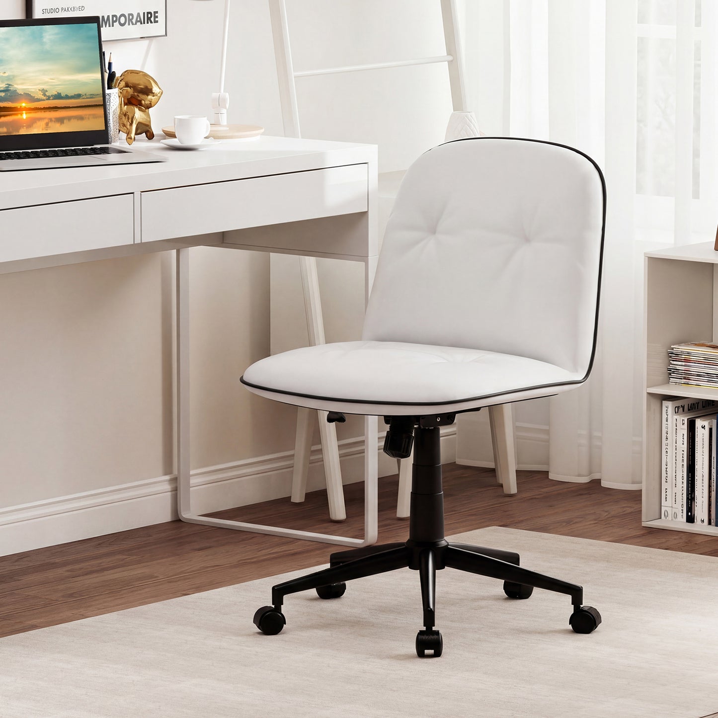 Armless Home Office Desk Chair with Adjustable Height and Smooth Rolling Wheels-White