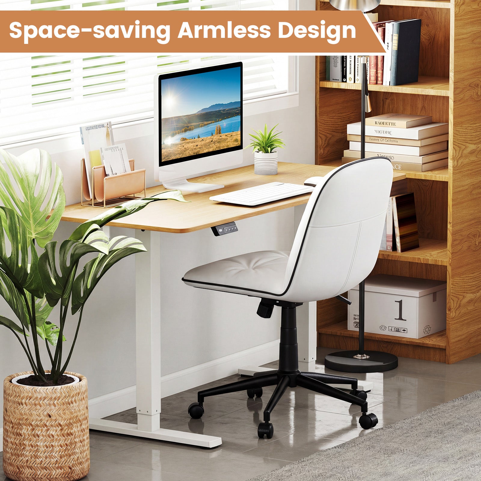 Armless Home Office Desk Chair with Adjustable Height and Smooth Rolling Wheels-White