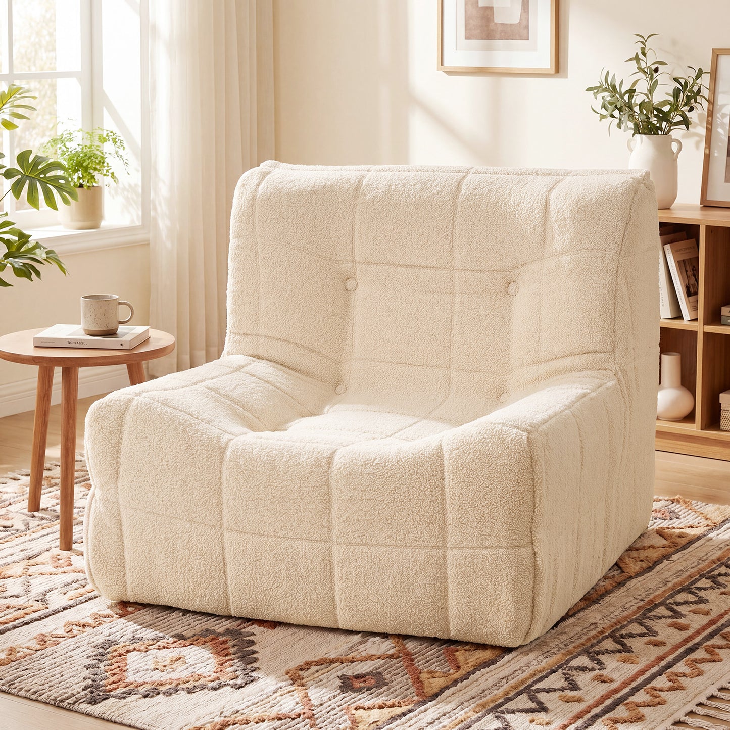 Armless Upholstered Lazy Floor Sofa with Soft Teddy Fleece Cover-Beige