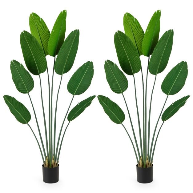 Artificial Banana Leaf Tree with 8 Fabric Banana Leaves and Stable Cement-filled Pot Set of 2