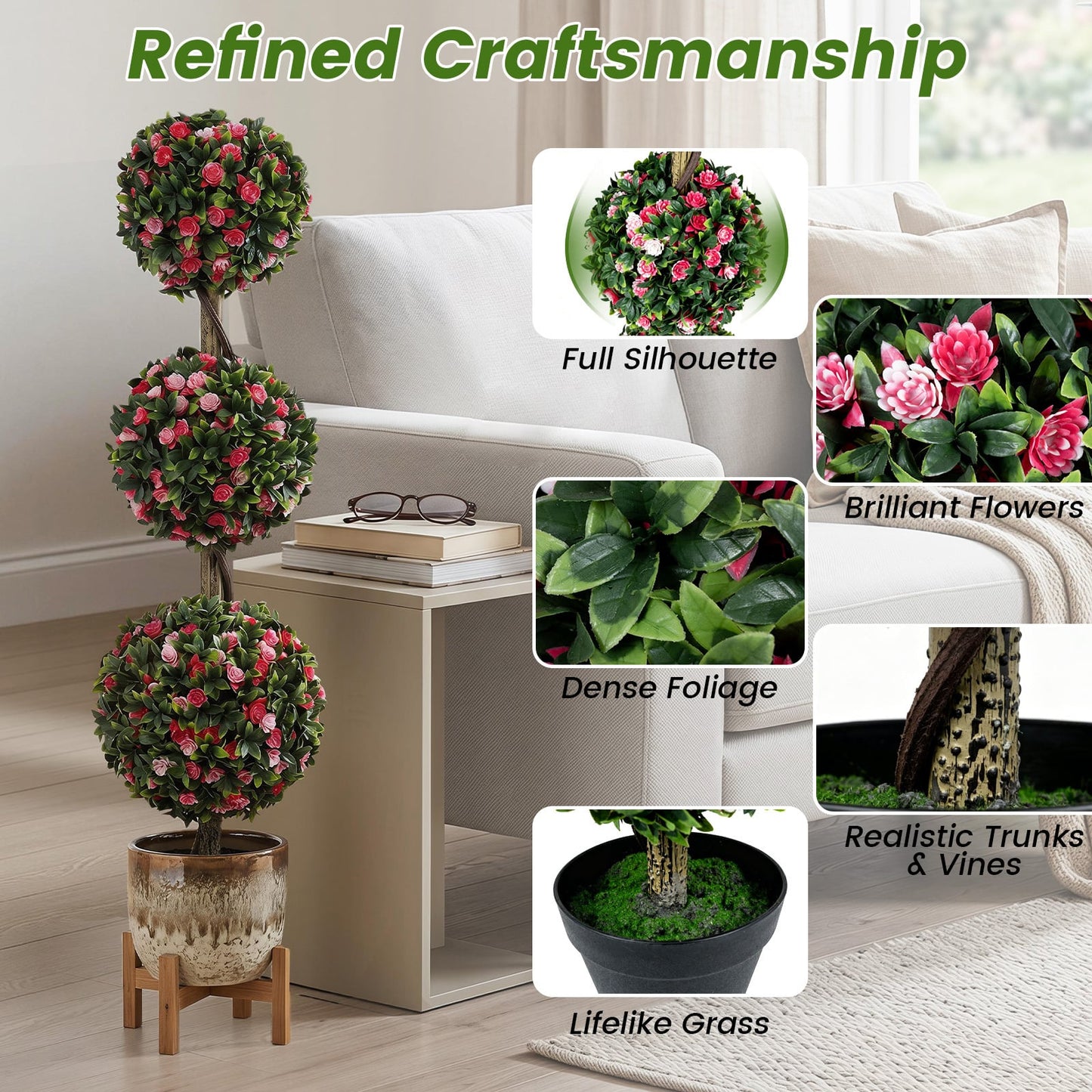 Artificial Triple Ball Rose Topiary Tree 110cm Faux Potted Floral Plant