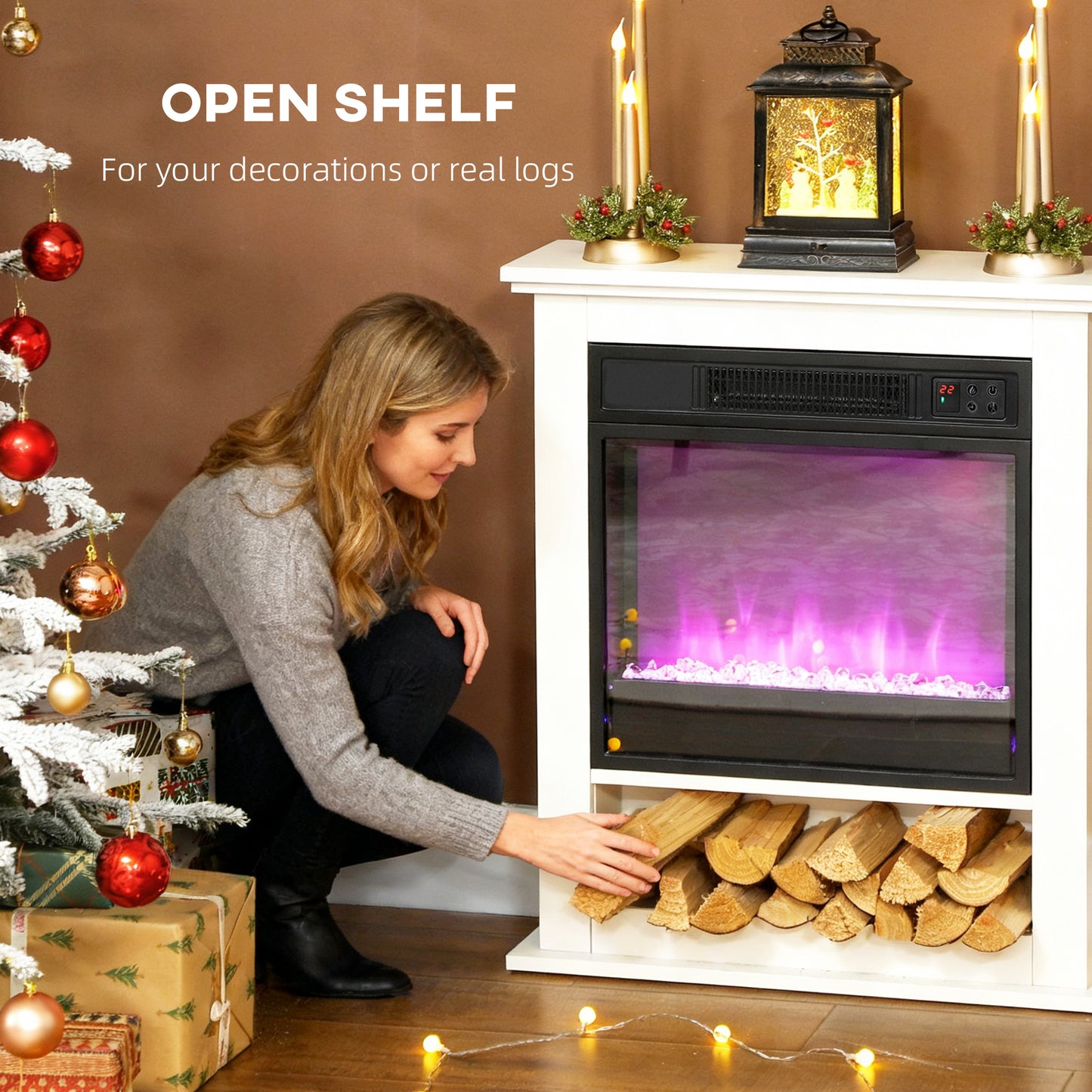 HOMCOM 1800W Adjustable Faux Flame Electric Fireplace - White