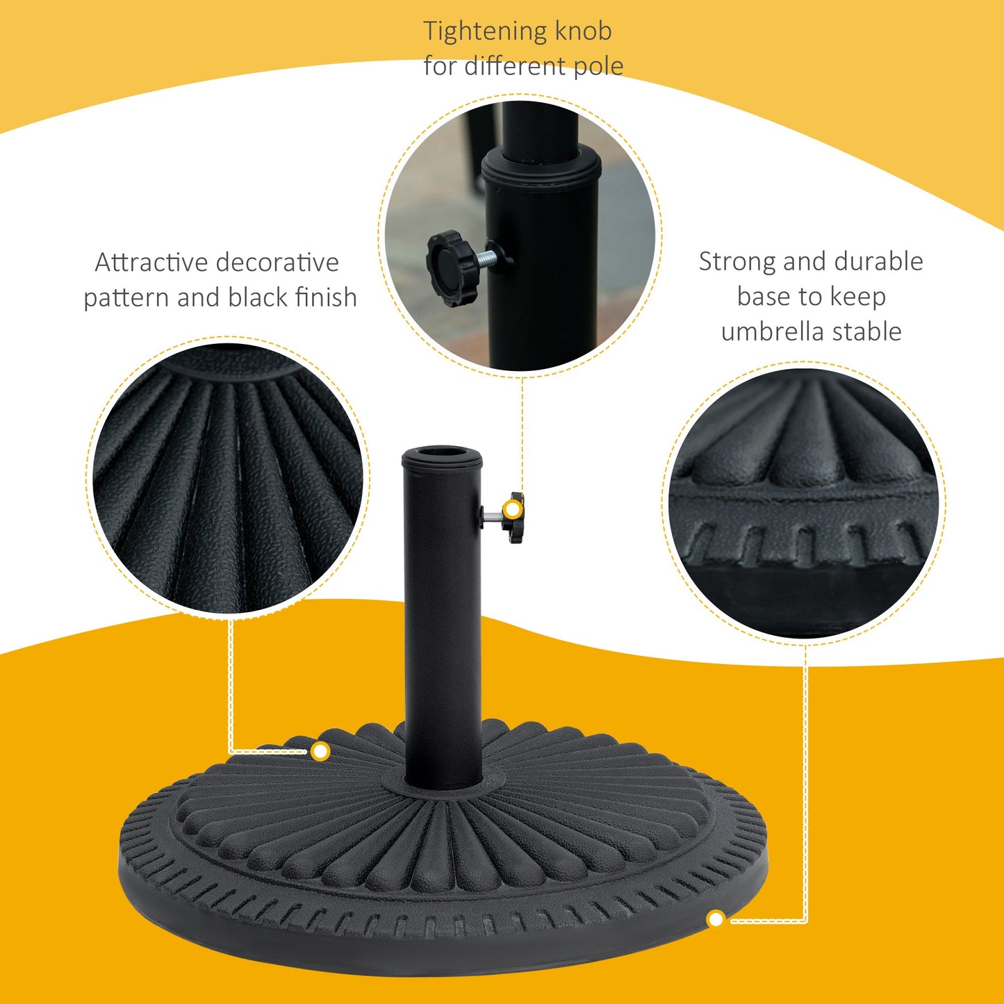 Outsunny 14kg Round Cement Parasol Base Umbrella Weight Stand Holder Fits Î¦35mm,Î¦38mm,Î¦48mm Pole for Patio Outdoor Garden - Black