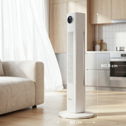 HOMCOM 28dB Tower Fan for Bedroom, 26 ft/s Velocity Standing Cooling Fan with 80Â° Oscillating, 12 Speeds, LED Display, 4 Modes, 12H Timer, Remote Control, 36 inch, White