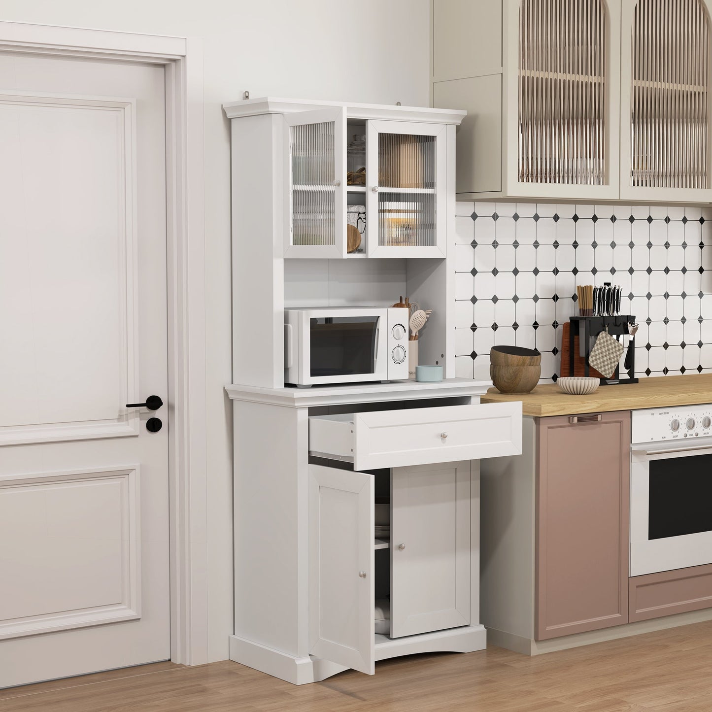 HOMCOM 4-Door Kitchen Cupboard with Drawer, Freestanding Kitchen Cabinet with Glass Doors, Adjustable Shelves and Open Counter, White