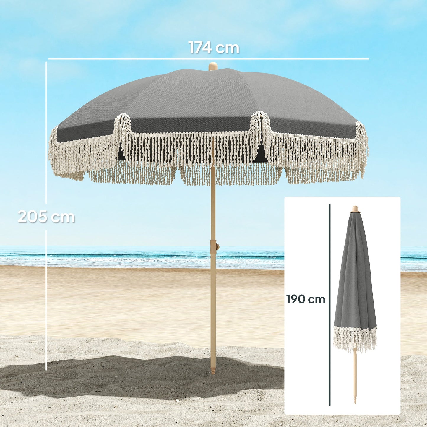 Outsunny 1.7 m Beach Umbrella with Sand Anchor, 30Â° Tilting Fringed Beach Garden Parasol with Adjustable Height, Grey