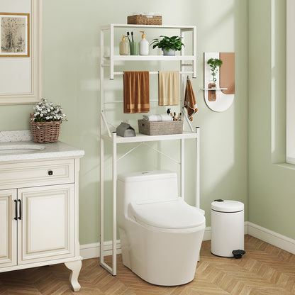 3-Tier Over Toilet Bathroom Organizer with Towel Holder and Adjustable Bottom-White