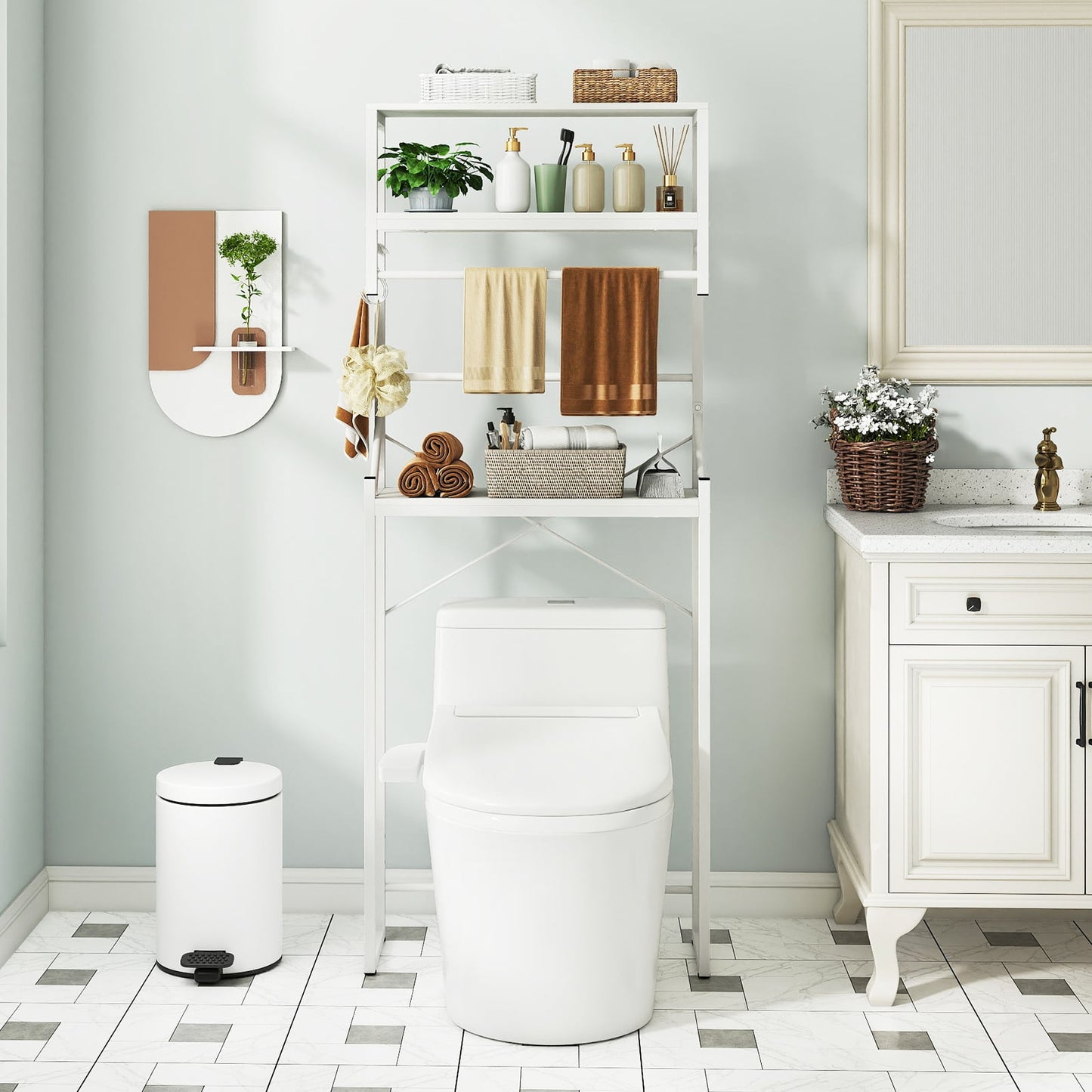 3-Tier Over Toilet Bathroom Organizer with Towel Holder and Adjustable Bottom-White