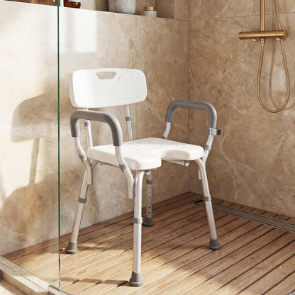 Shower Chair Height Adjustable with Backrest and Padded Armrests-Silver