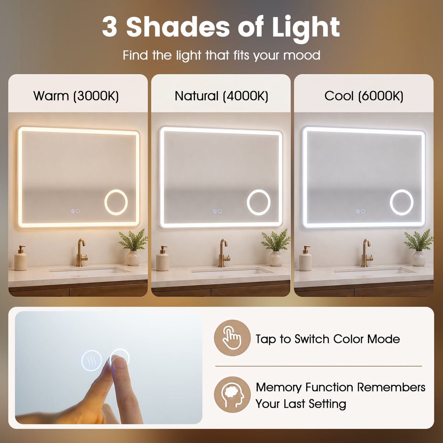 LED Bathroom Mirror with Anti-Fog and 3X Magnification Hardwired