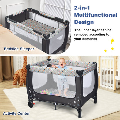 2-in-1 Foldable Baby Playpen with Lockable Wheels and Mattress-Grey