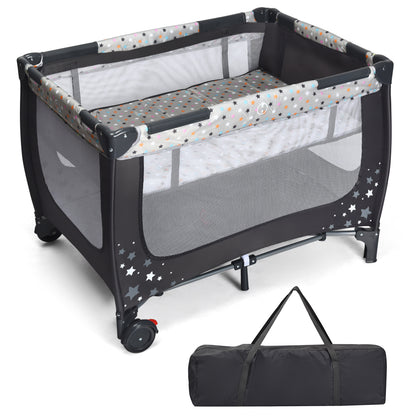 2-in-1 Foldable Baby Playpen with Lockable Wheels and Mattress-Grey