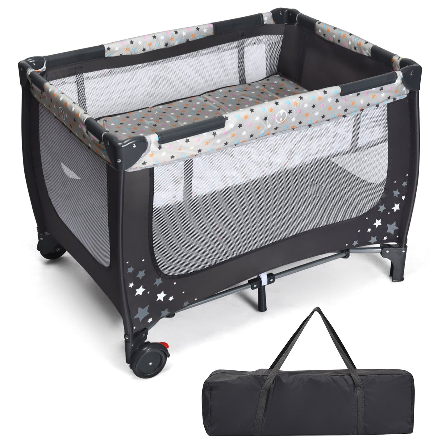 2-in-1 Foldable Baby Playpen with Lockable Wheels and Mattress-Grey