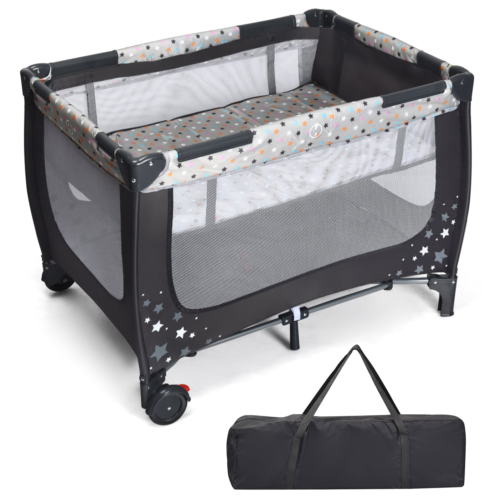 2-in-1 Foldable Baby Playpen with Lockable Wheels and Mattress-Grey