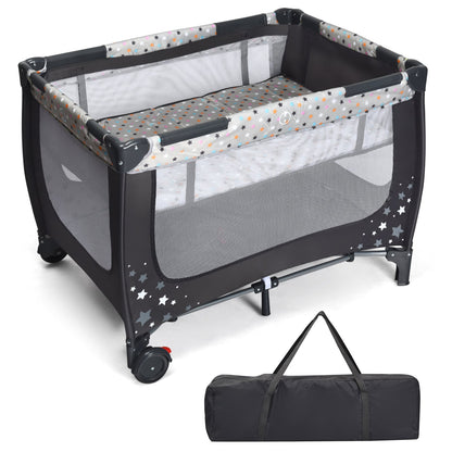 2-in-1 Foldable Baby Playpen with Lockable Wheels and Mattress-Grey