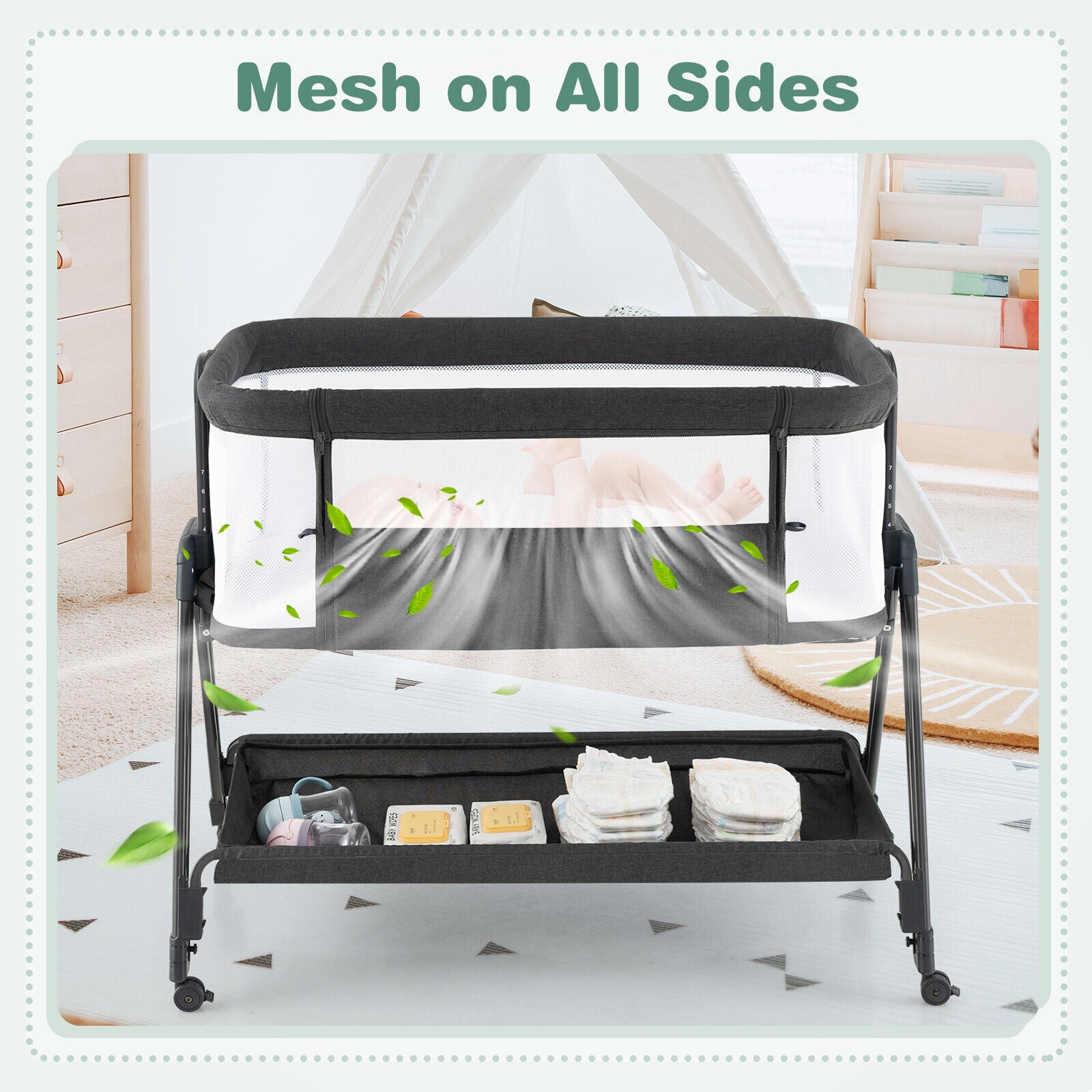 Baby Bedside Crib with Mattress for Birth to 9kg-Grey