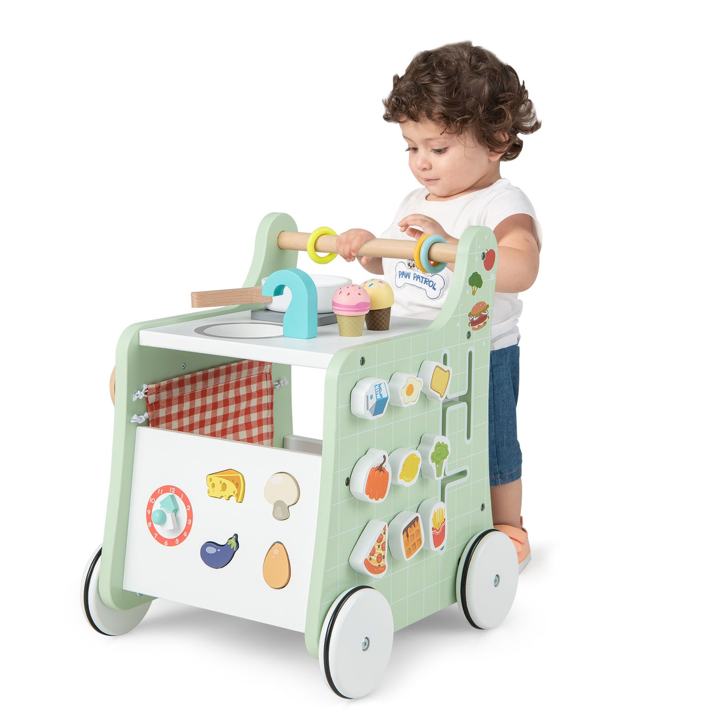 6-in-1 Wooden Baby Stroller Push and Pull Learning Activity Center-Green