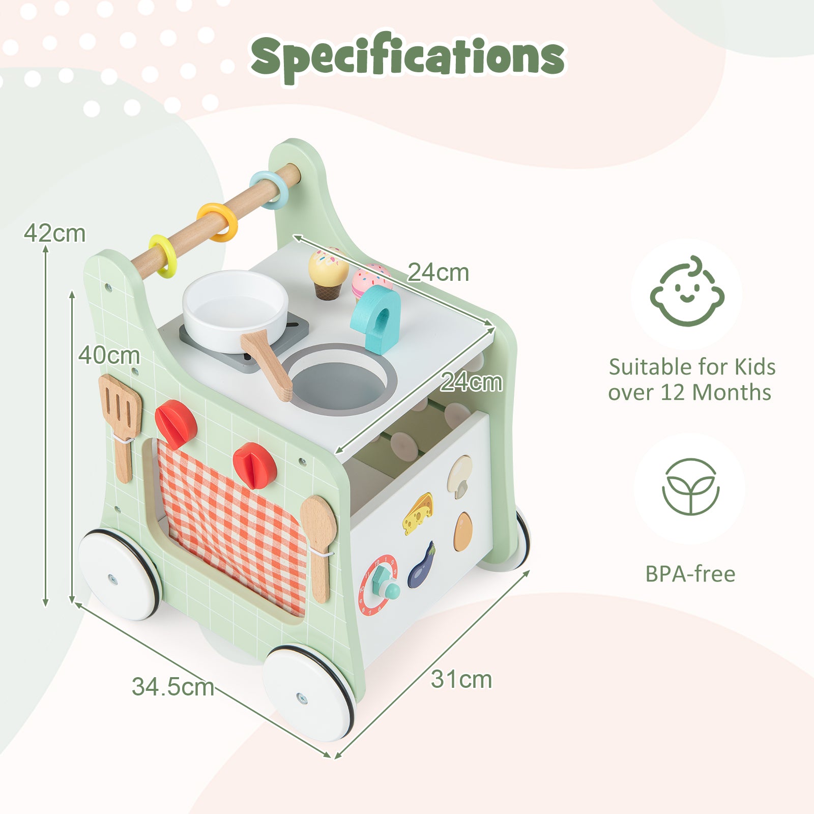 6-in-1 Wooden Baby Stroller Push and Pull Learning Activity Center-Green